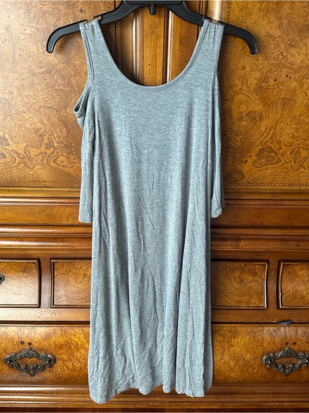 Cupio Gray Cold Shoulder Dress Soft Stretch Casual Midi Dress
